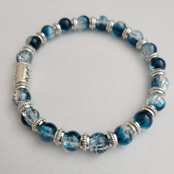 NWT Mens Blue And Silver Crackle Glass Bead Stretch Bracelet Exclusive S/M, L/XL - Picture 6 of 10